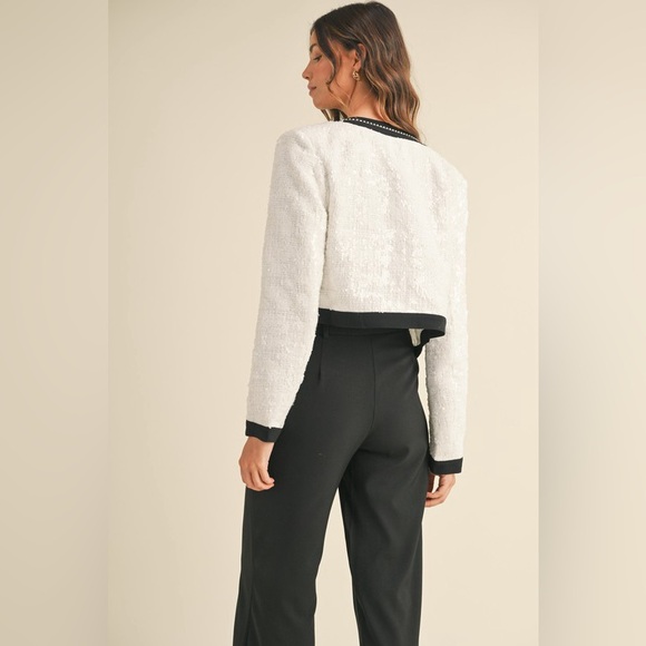 142B. Sequin Tweed Bow Trim Jacket - White - Picture 6 of 8